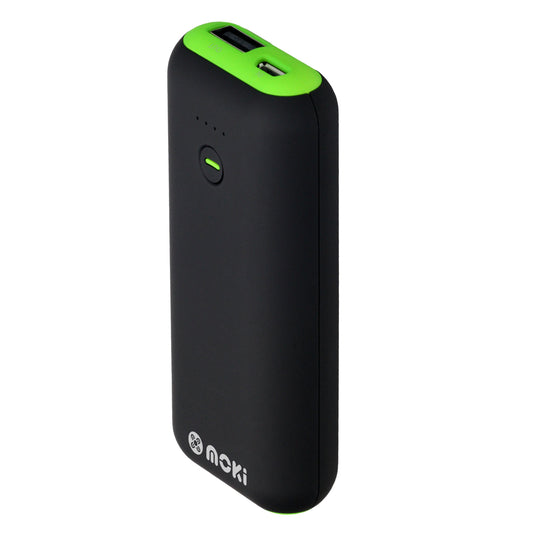 Black power bank with green top on a white background