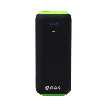 Black power bank with green top on a white background