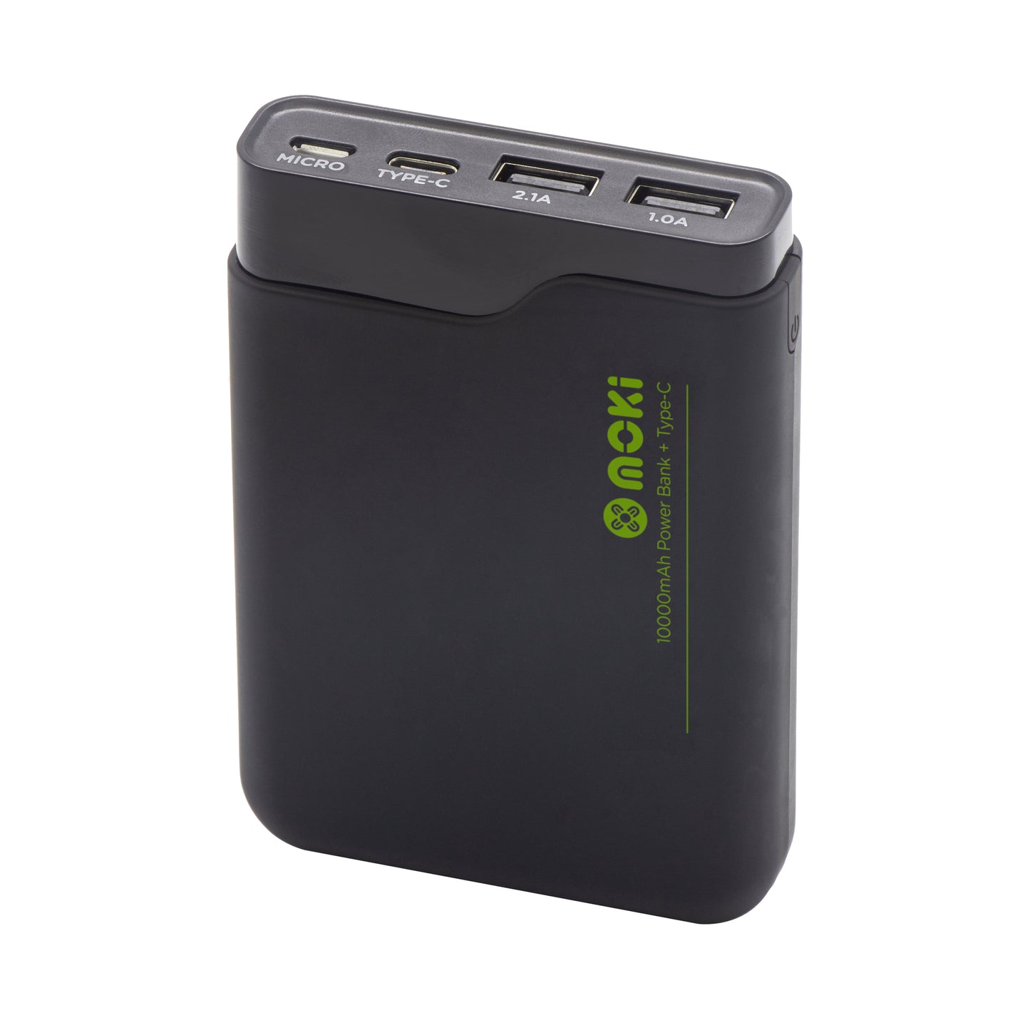 Black power bank with multiple USB ports on a white background