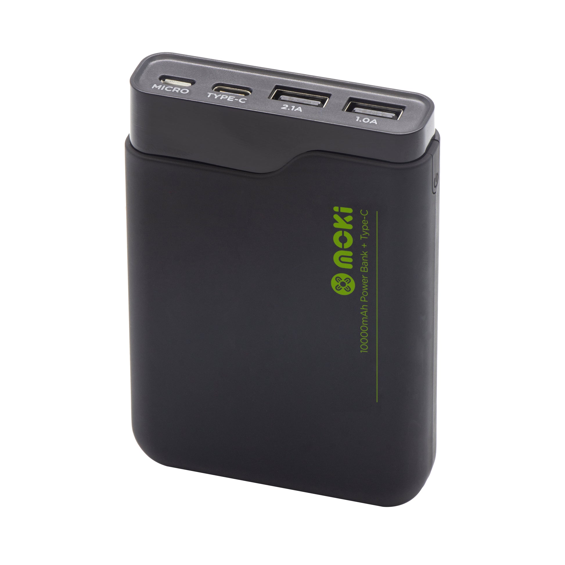 Black power bank with multiple USB ports on a white background