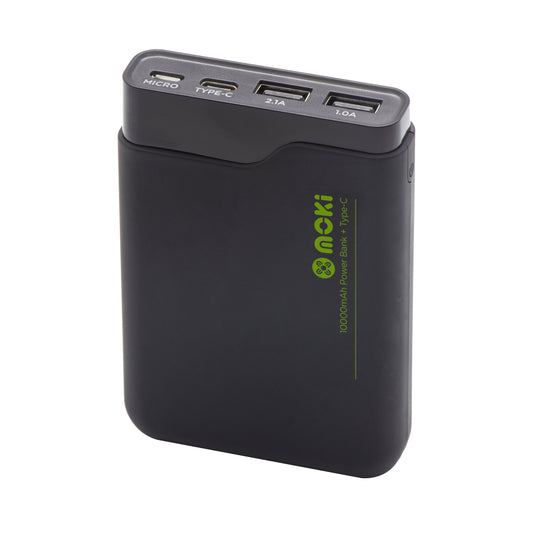 Black power bank with multiple USB ports on a white background