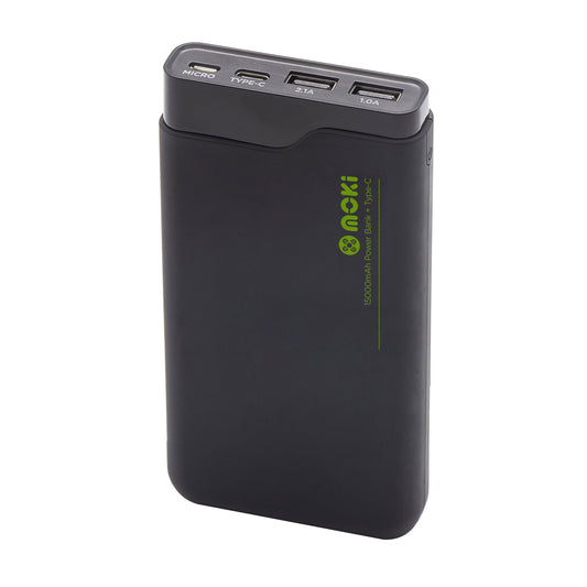 Black power bank with multiple USB ports on a white background