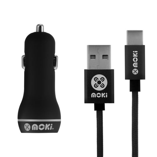 Black car charger and USB cable with Moki branding on a white background