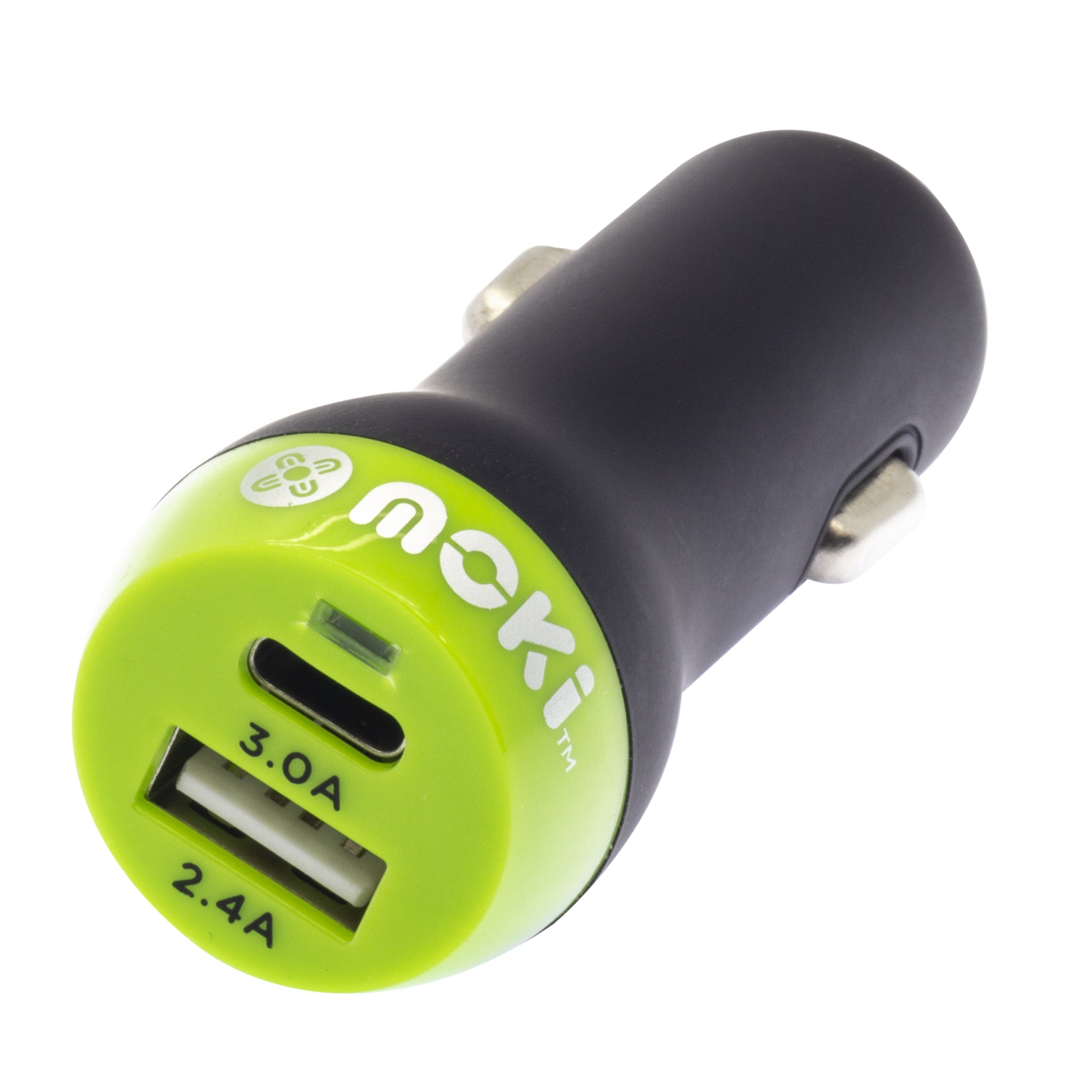 Moki car charger with two USB ports on a white background