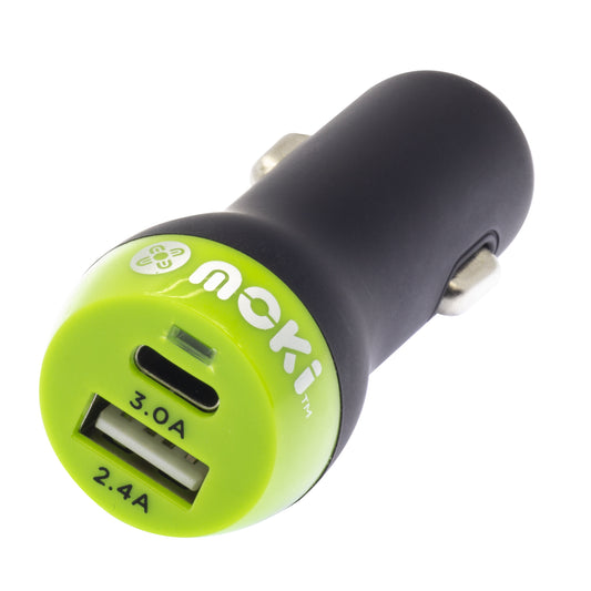 Moki car charger with two USB ports on a white background