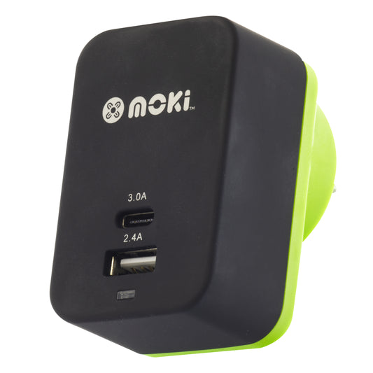 Black and green USB wall adapter with Moki branding on a white background