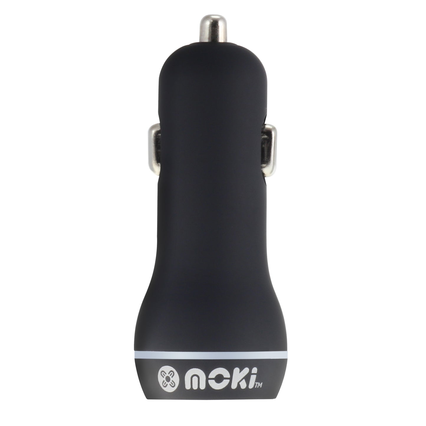 Black car charger with 'moki' branding on a white background