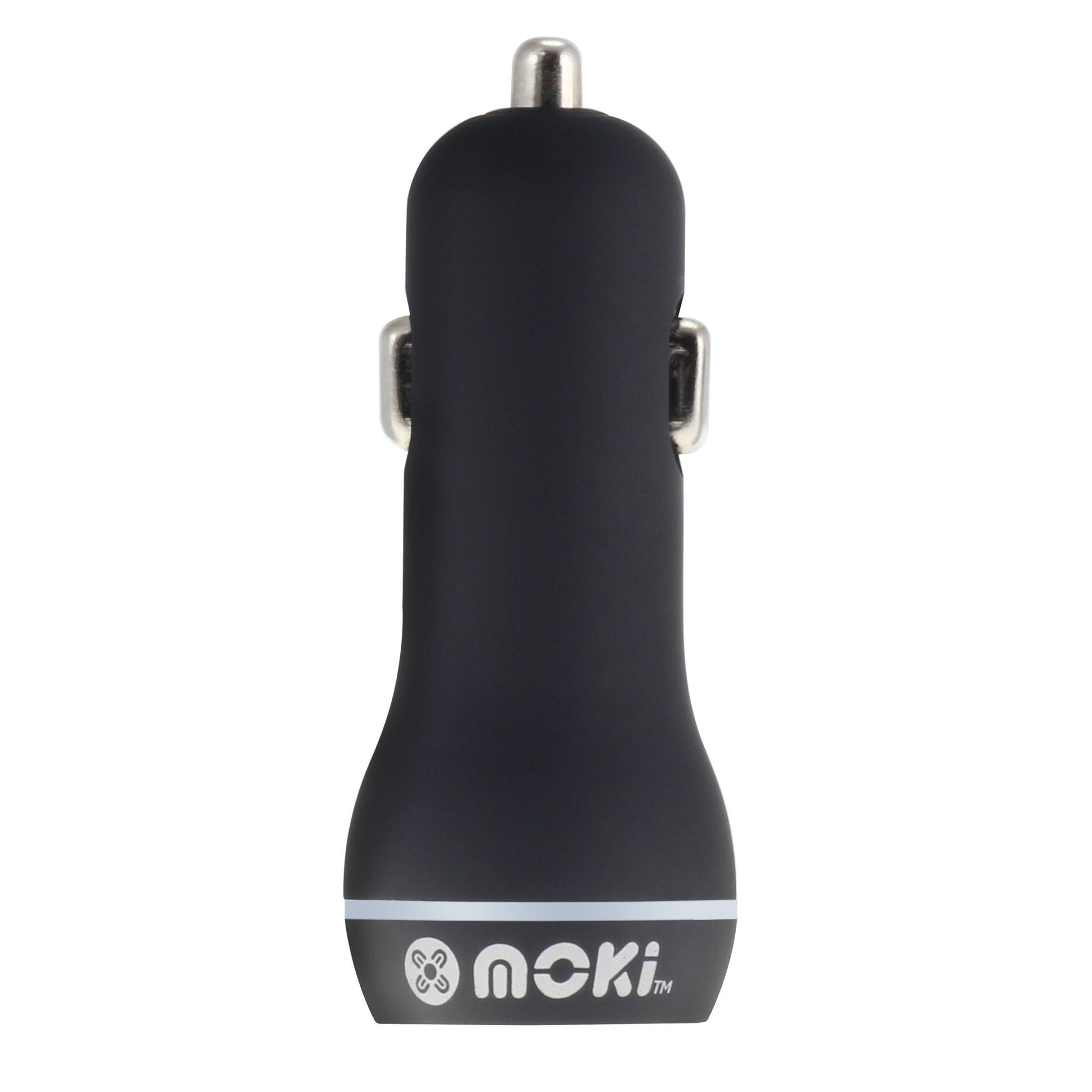 Black car charger with 'moki' branding on a white background