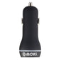 Black car charger with 'moki' branding on a white background