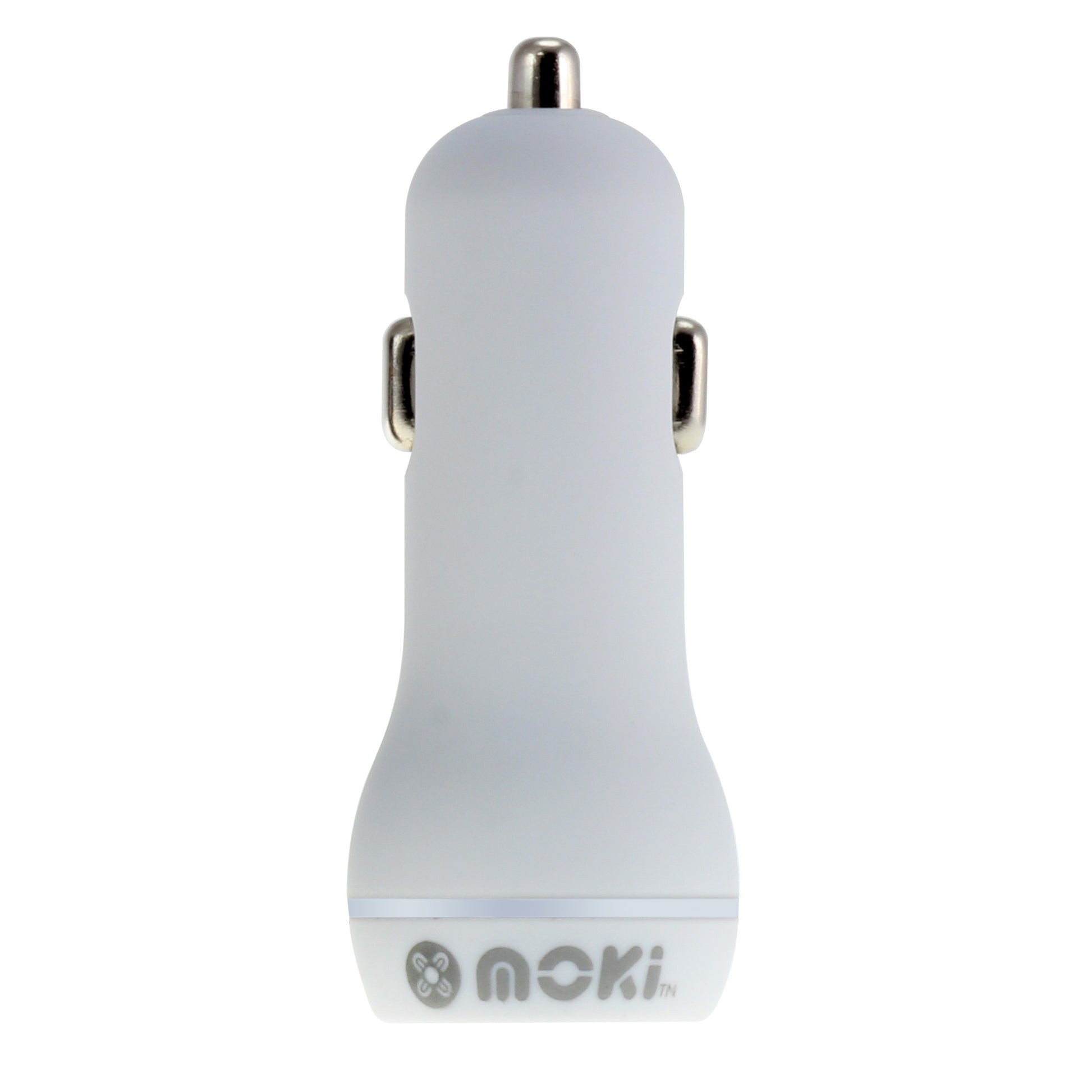 White car charger with 'moki' branding on a white background