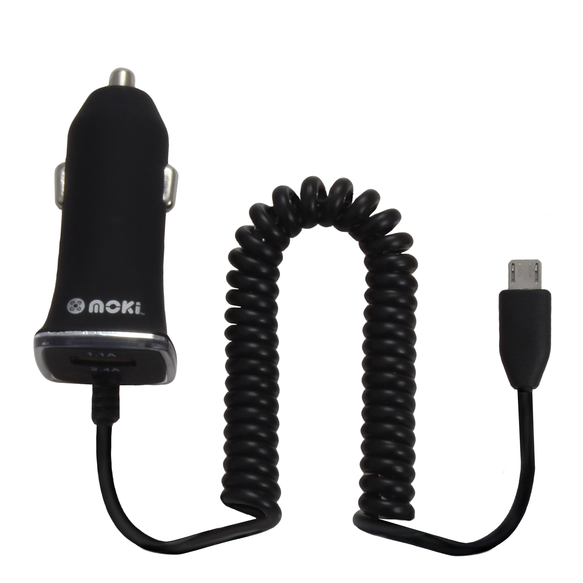 Car charger with coiled cable on a white background