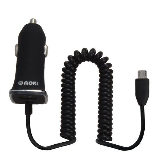 Car charger with coiled cable on a white background