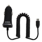 Car charger with coiled cable on a white background