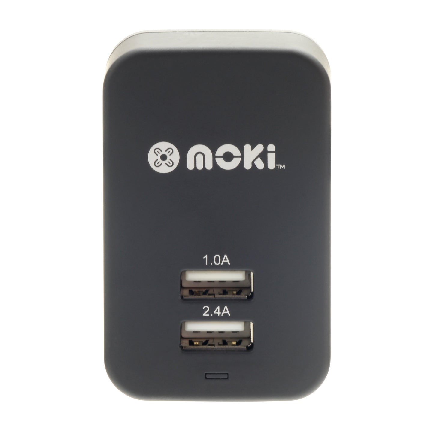 Black USB charger with Moki branding on a white background