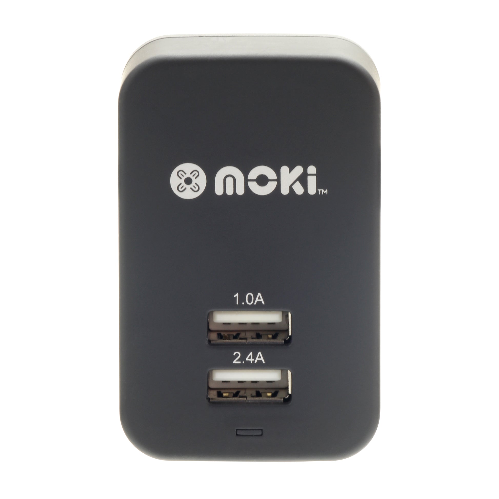 Black USB charger with Moki branding on a white background