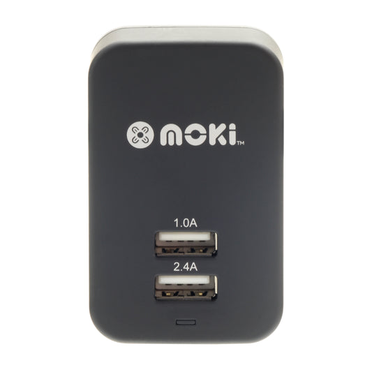 Black USB charger with Moki branding on a white background
