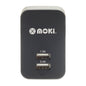 Black USB charger with Moki branding on a white background