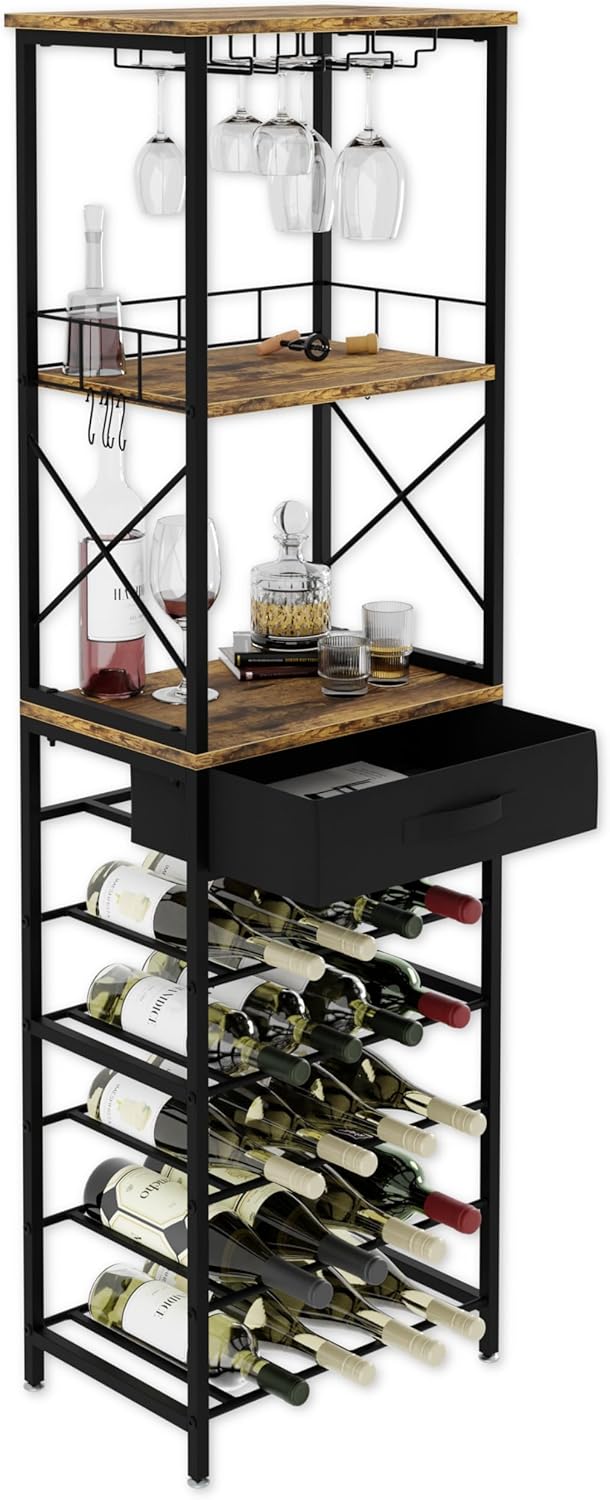 Wine rack with bottles, glasses, and decanter on a white background
