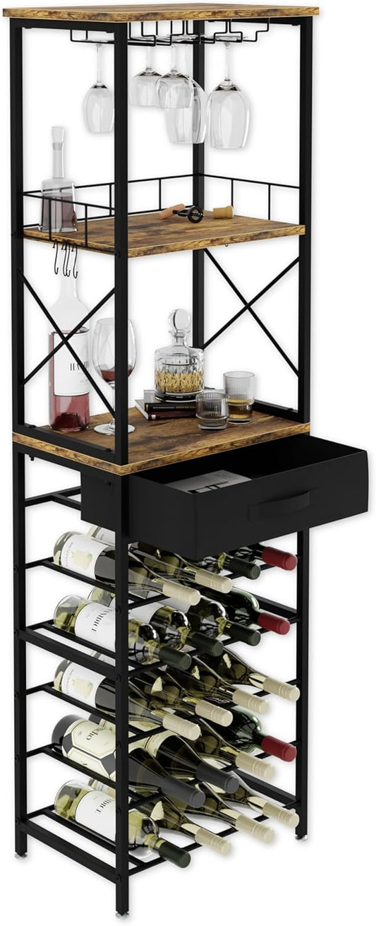 Wine rack with bottles, glasses, and decanter on a white background