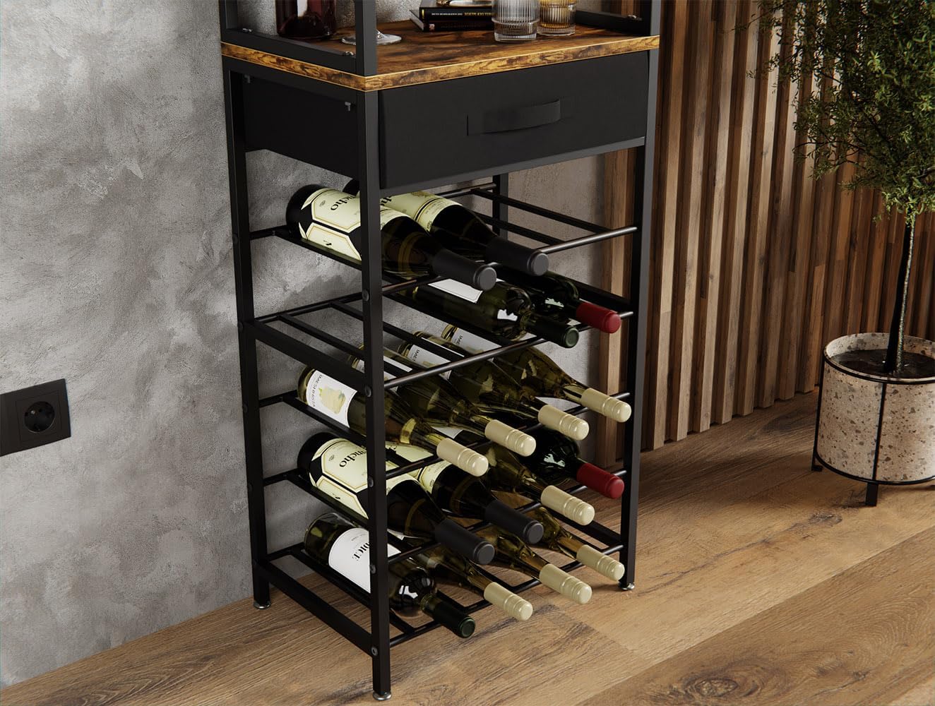 Wine rack with bottles against a neutral wall with a plant in the corner