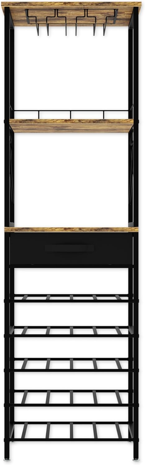 Tall black metal shelf with wooden accents on a white background