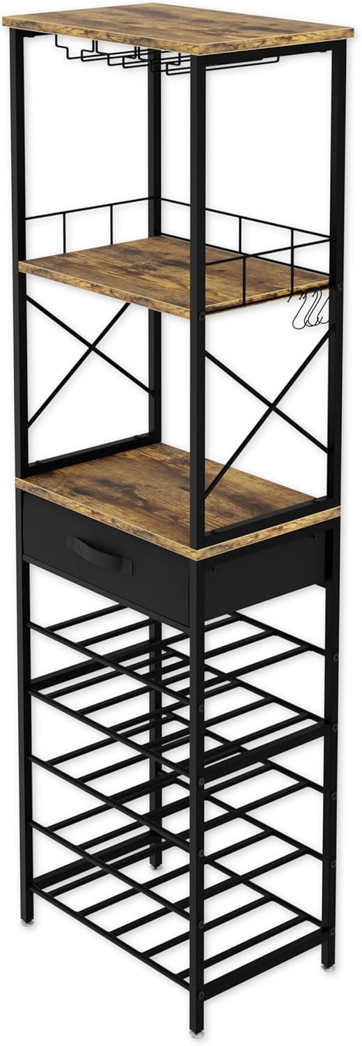 Tall industrial-style shelf with multiple shelves and a wine rack.