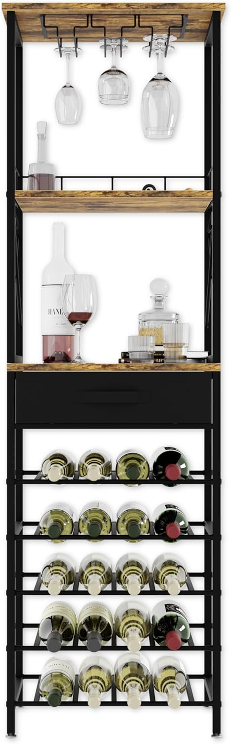 Wine rack with bottles, glasses, and a shelf on a black background