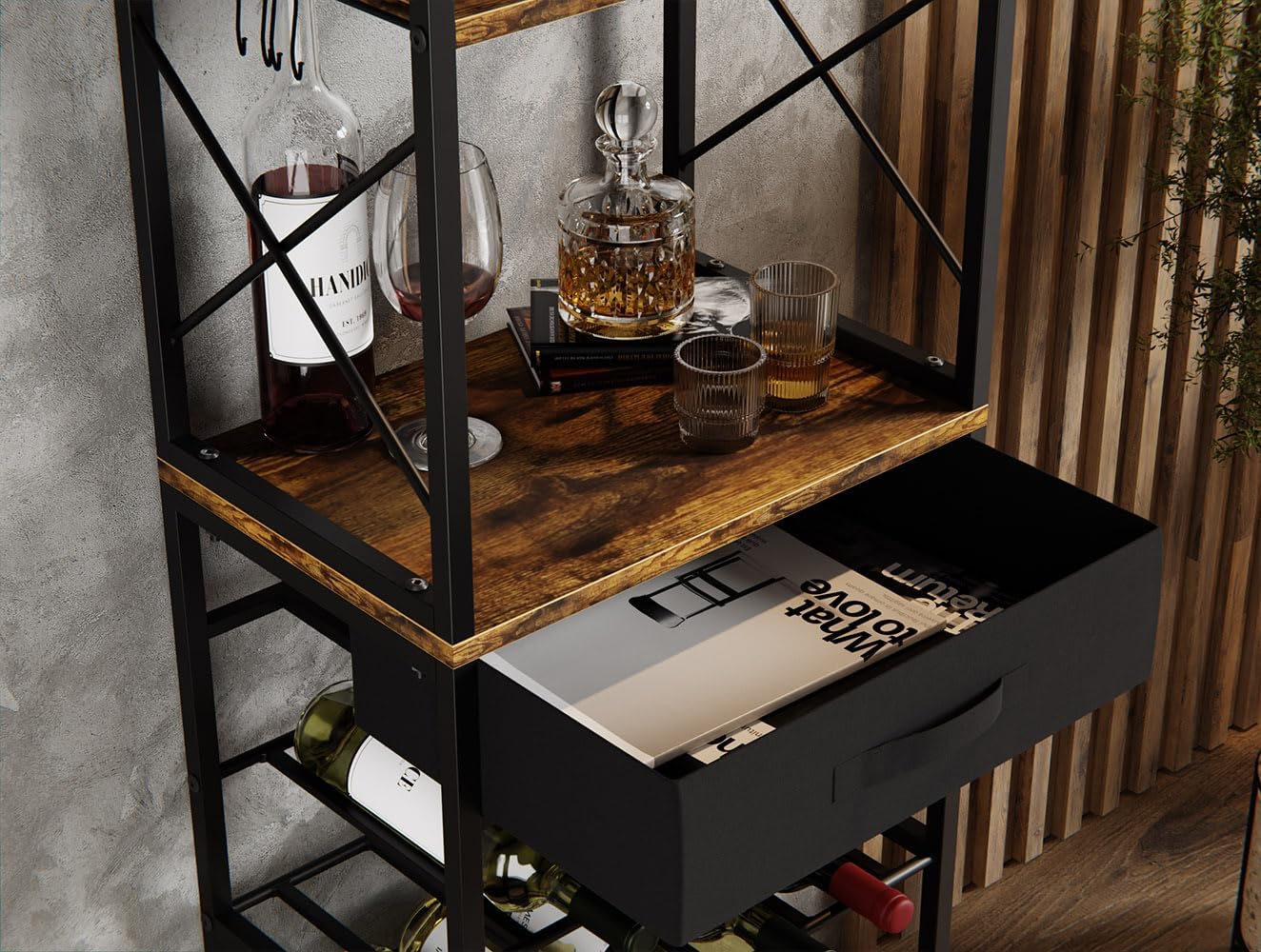 Bar cart with wooden top and black metal frame, containing bottles and glasses.