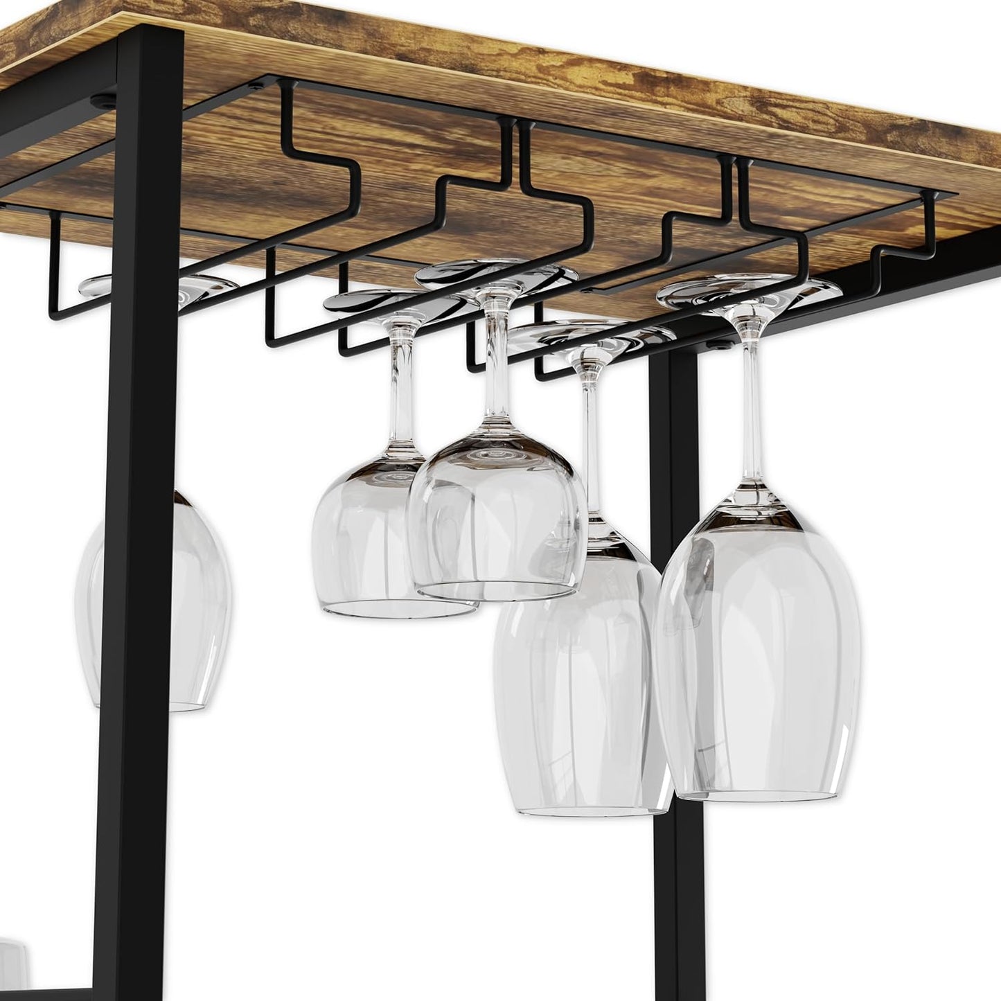 Under-shelf wine glass holder with hanging glasses on a wooden shelf.