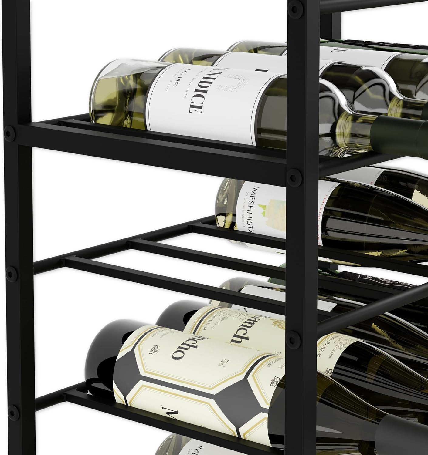 Black metal wine rack holding multiple bottles of wine on a white background