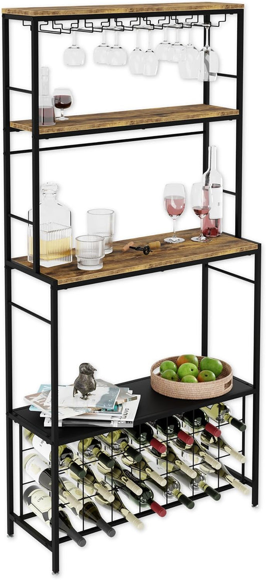 Multi-level shelving unit with wine bottles, glasses, and decor items.