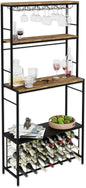 Multi-level shelving unit with wine bottles, glasses, and decor items.