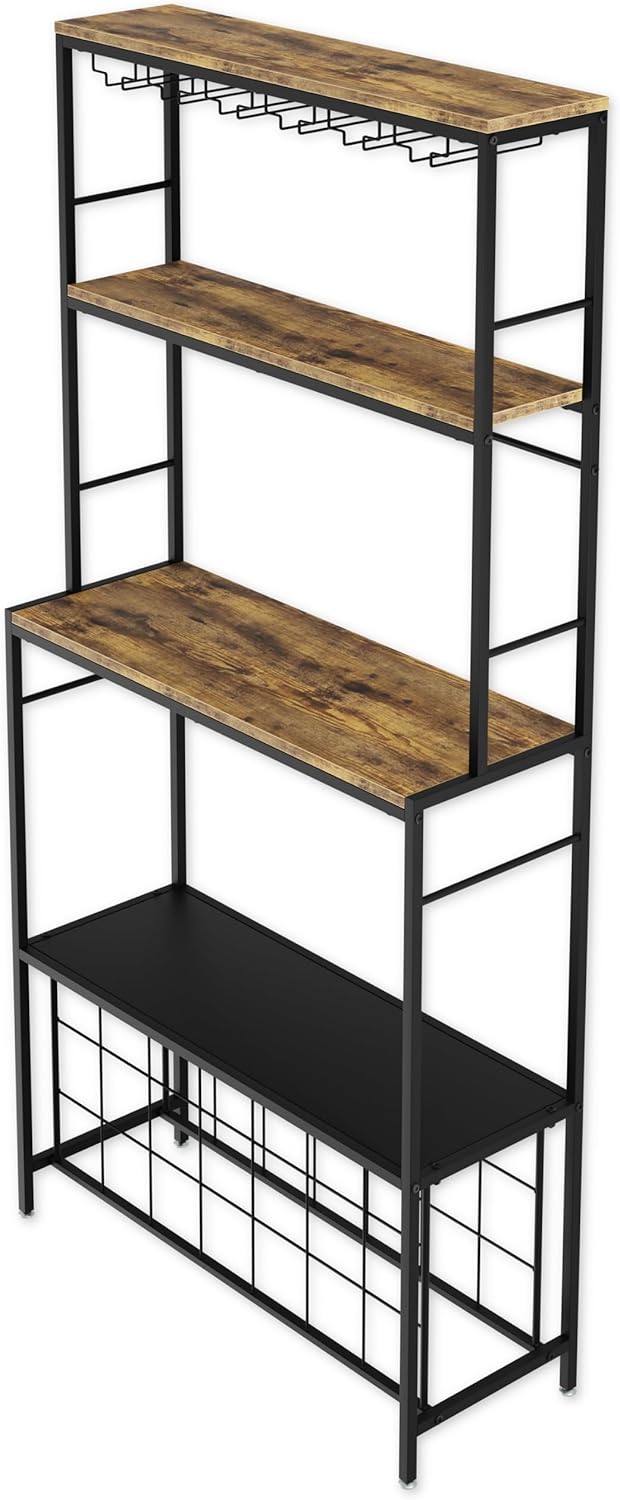 Multilevel shelf with wooden shelves and metal frame on a white background