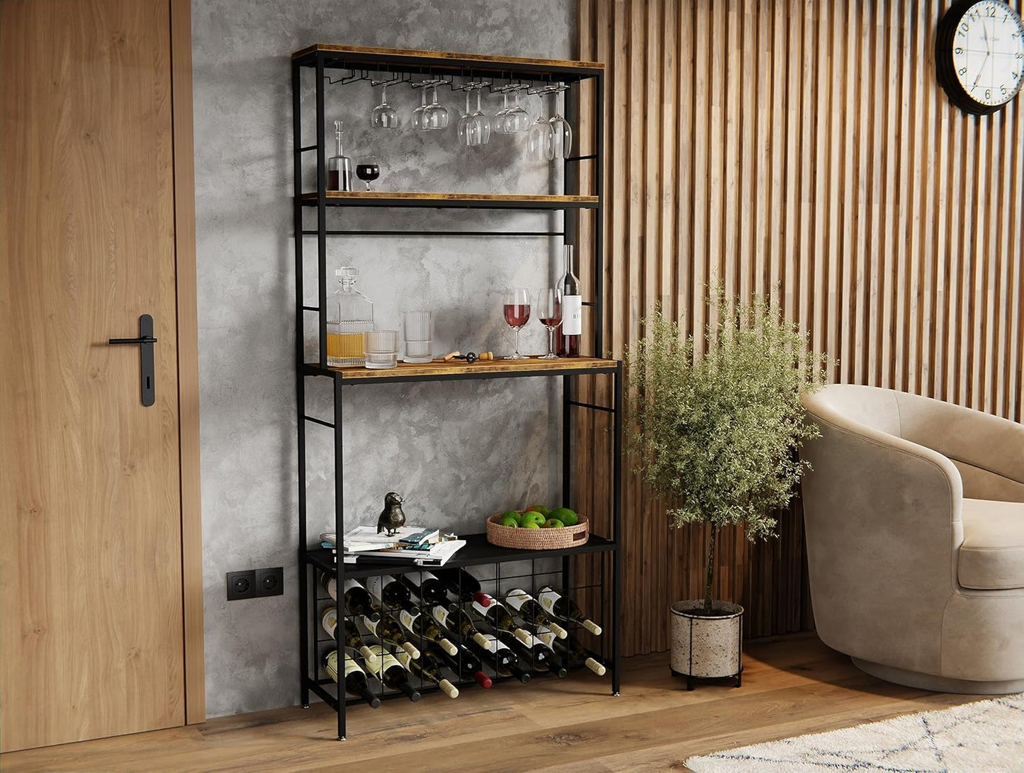 Wine rack with bottles and glasses in a living room setting