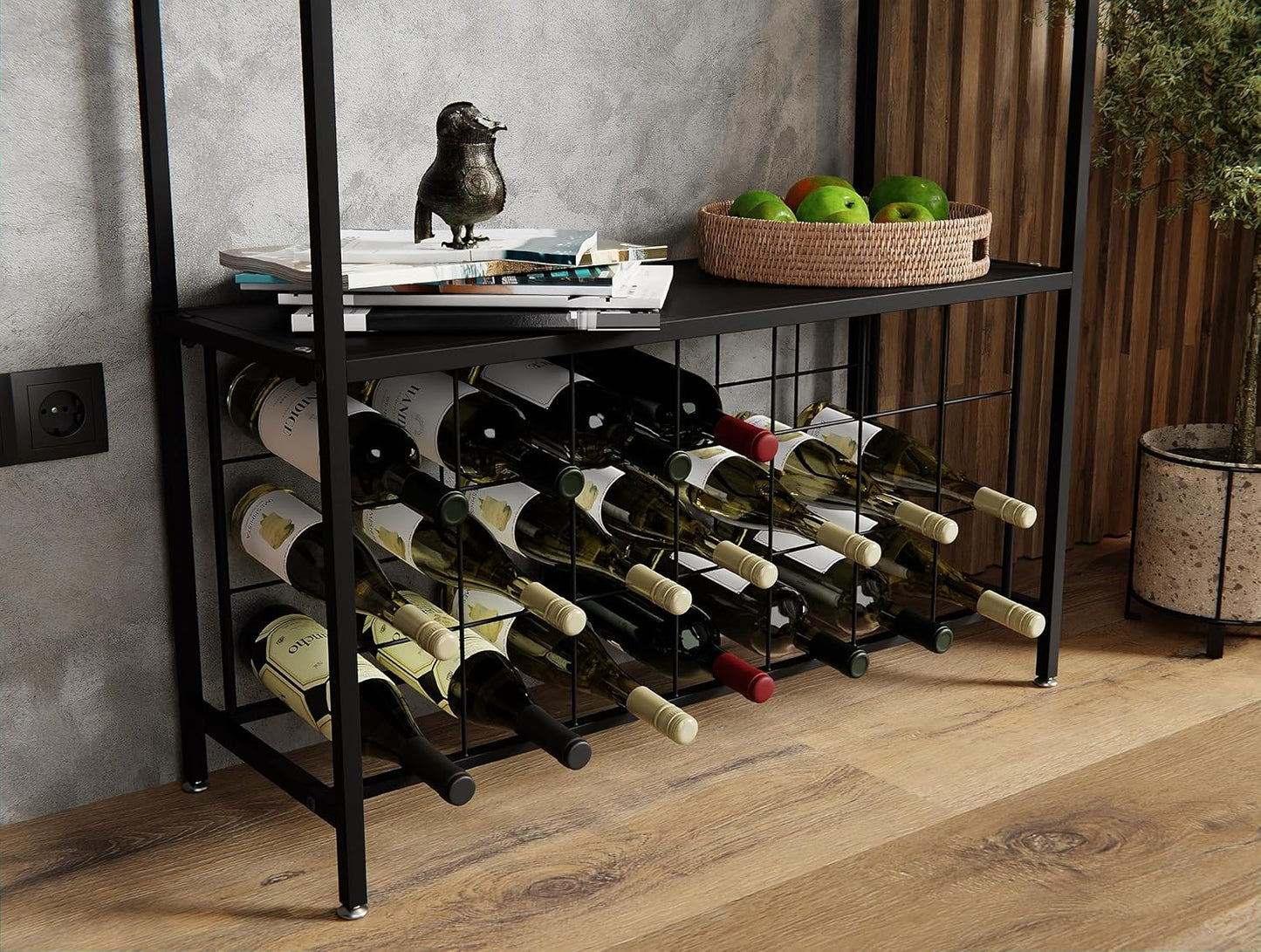 Wine rack with bottles against a wall with a basket of fruits on a table.