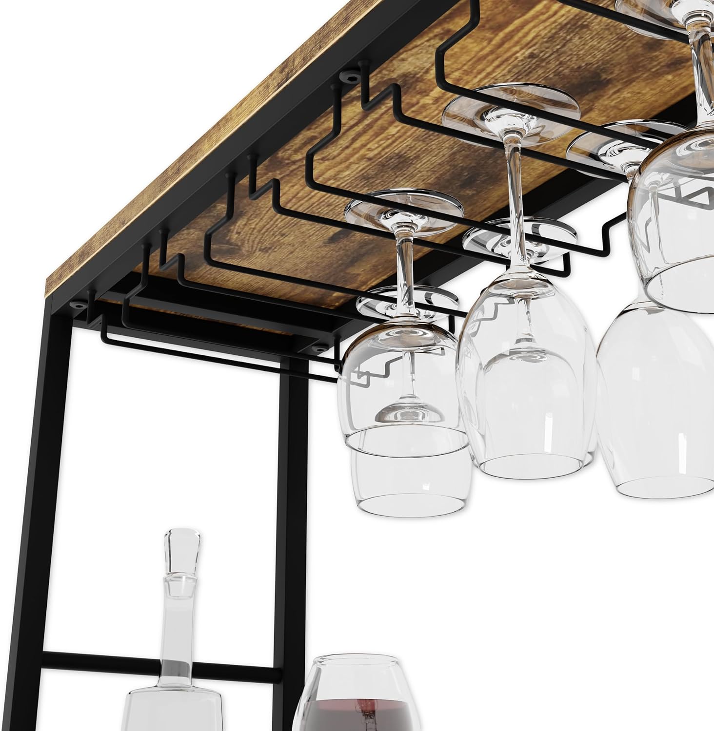Wooden bar counter with glass holders and wine glasses on a white background