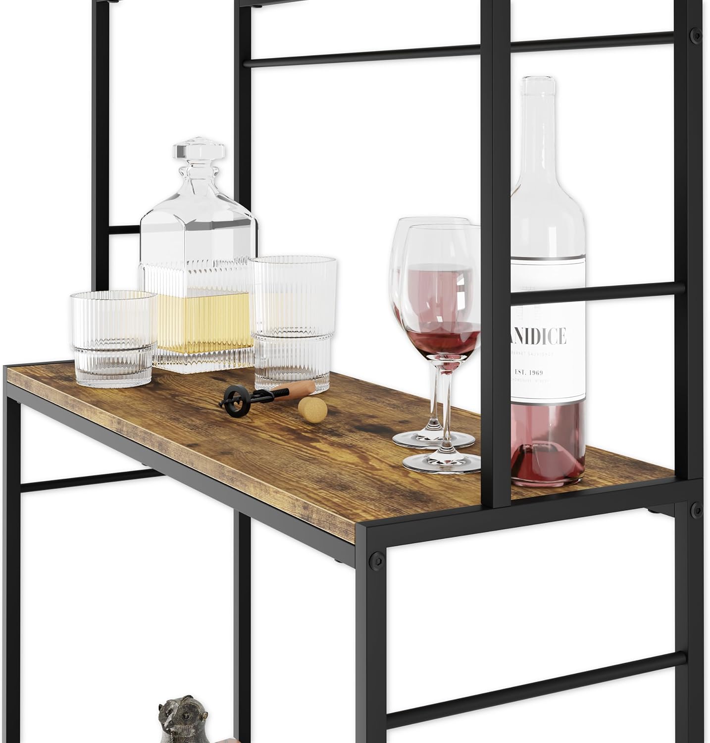 Wooden bar cart with glassware and bottles on a white background