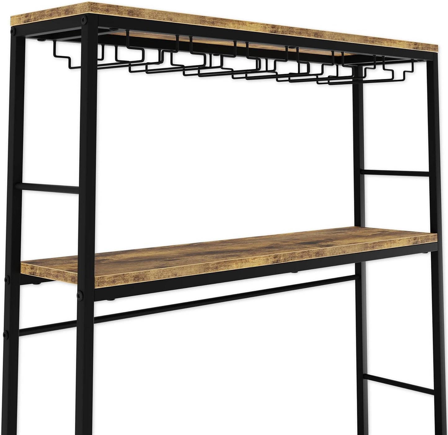 Bar height table with wooden top and black metal frame on a white background
