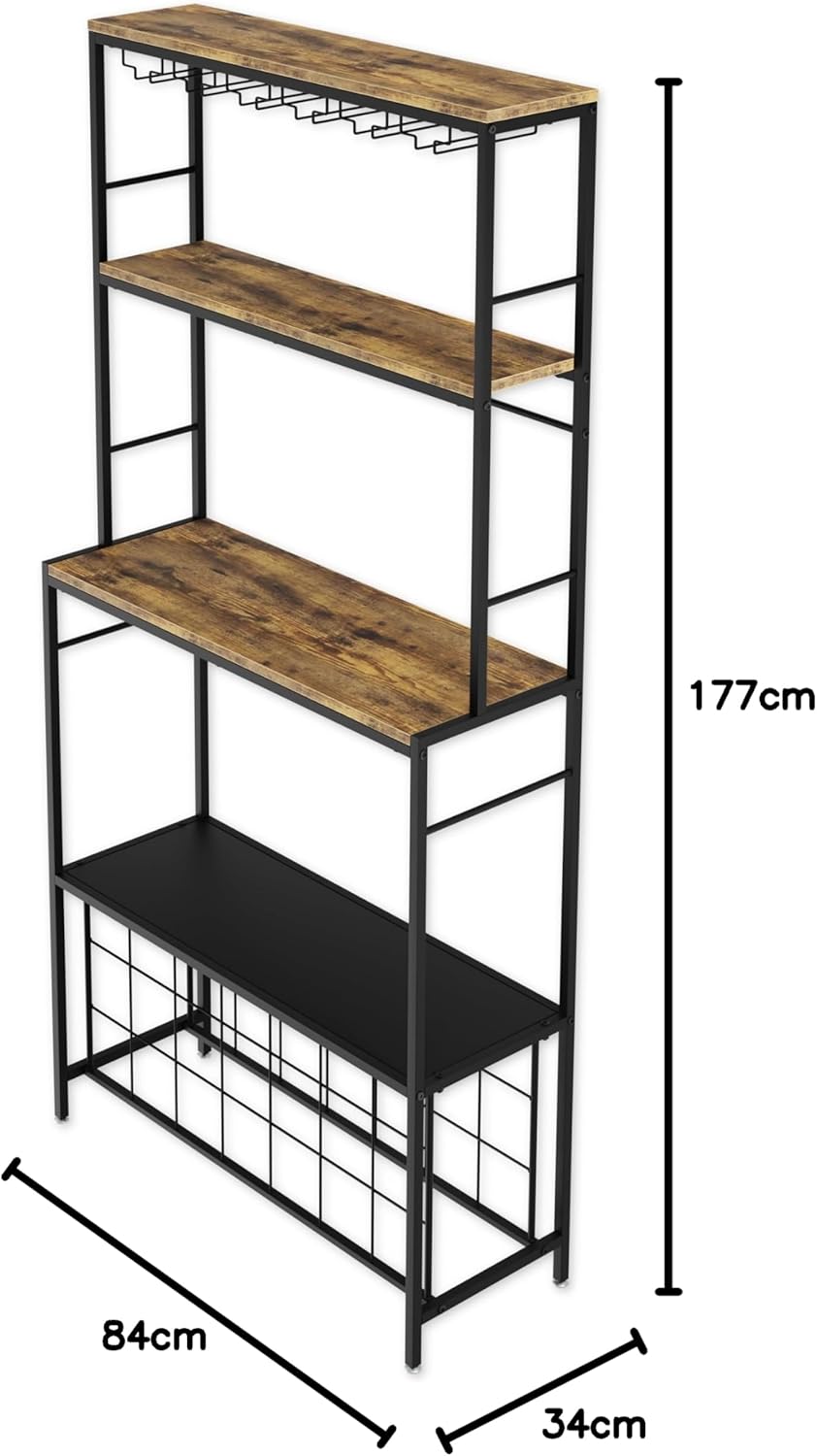 Multilevel shelf with wooden shelves and a black wire basket, showing dimensions.