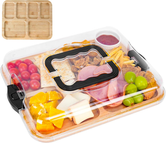 Lunch box with compartments containing various food items on a white background