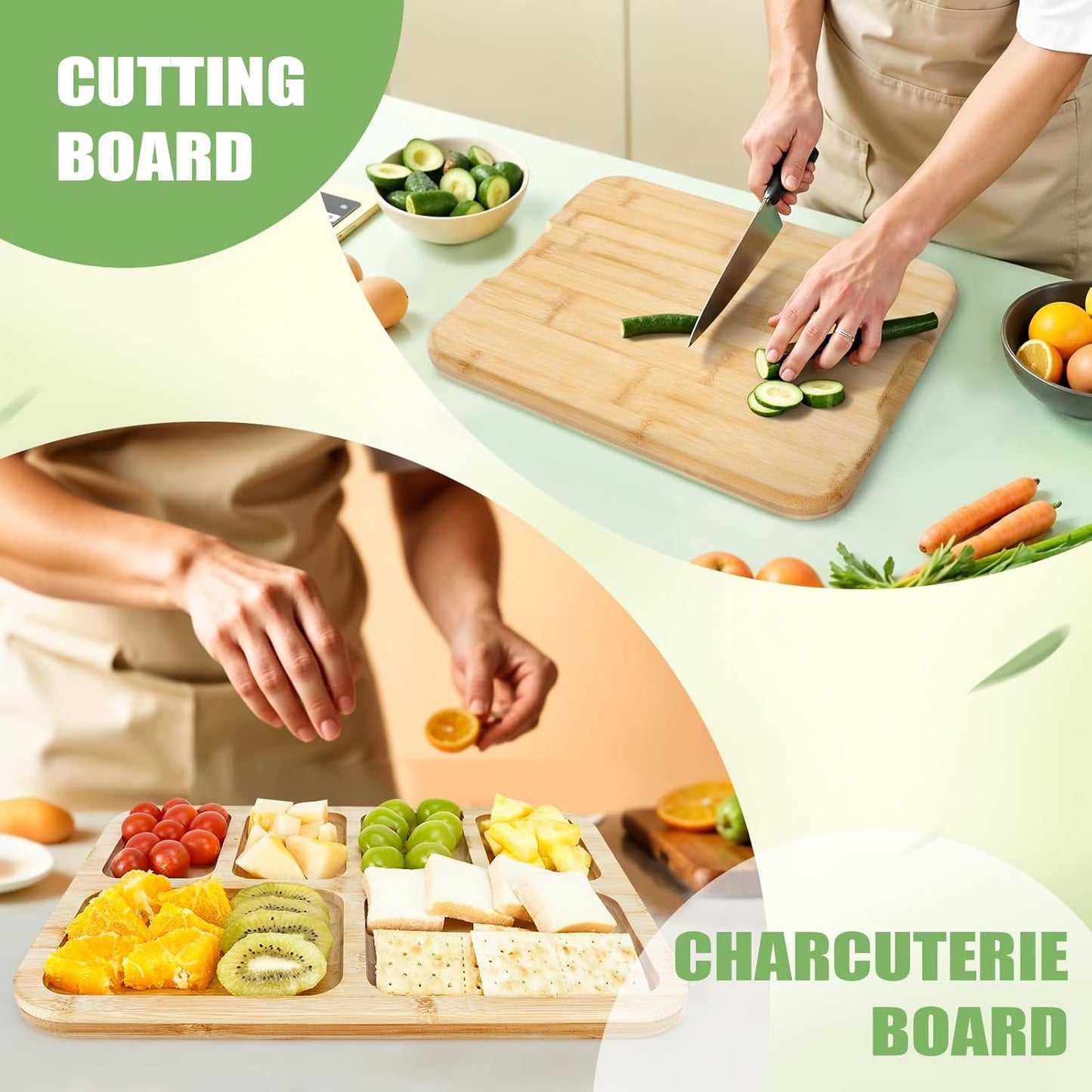 Person cutting vegetables on a wooden cutting board with a charcuterie board in the foreground.