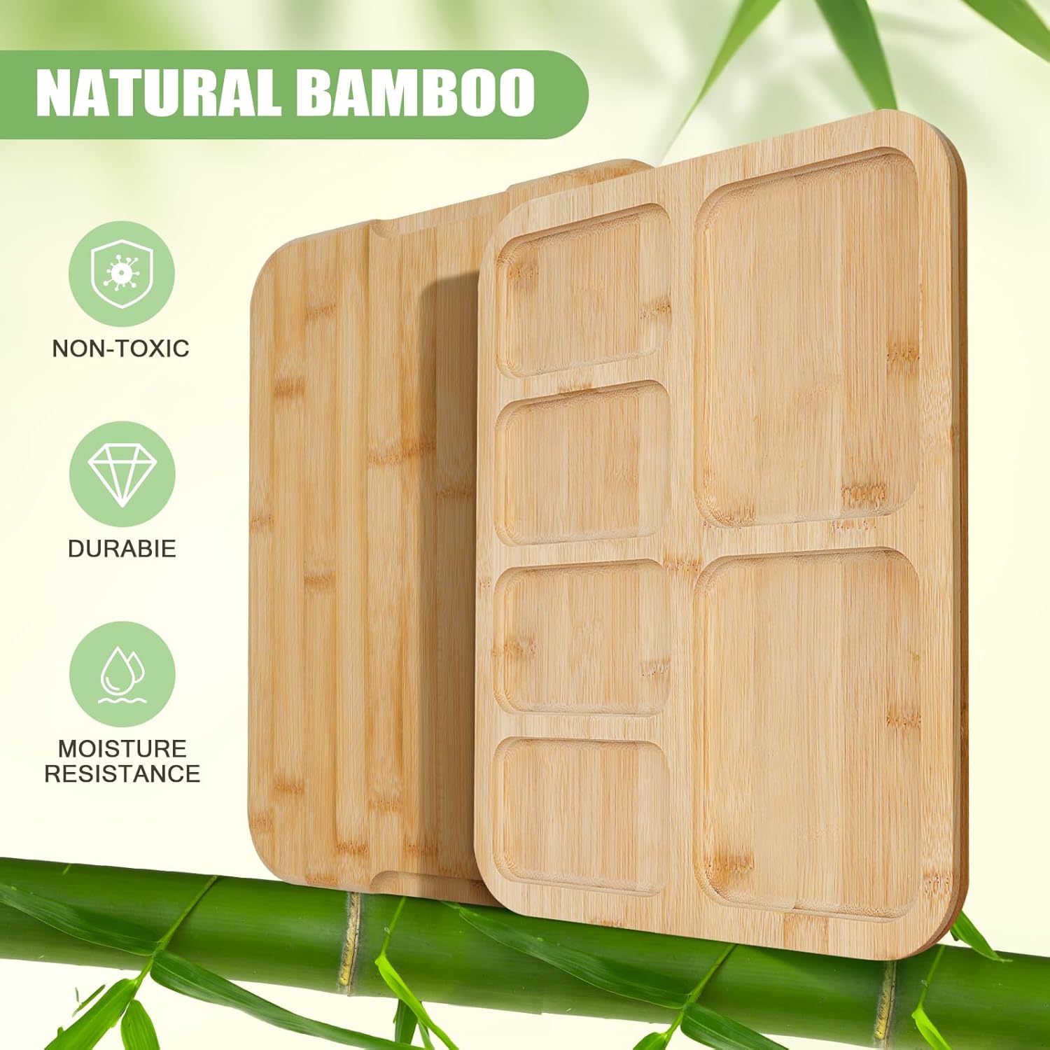 Bamboo cutting board with green leaf background and features listed.
