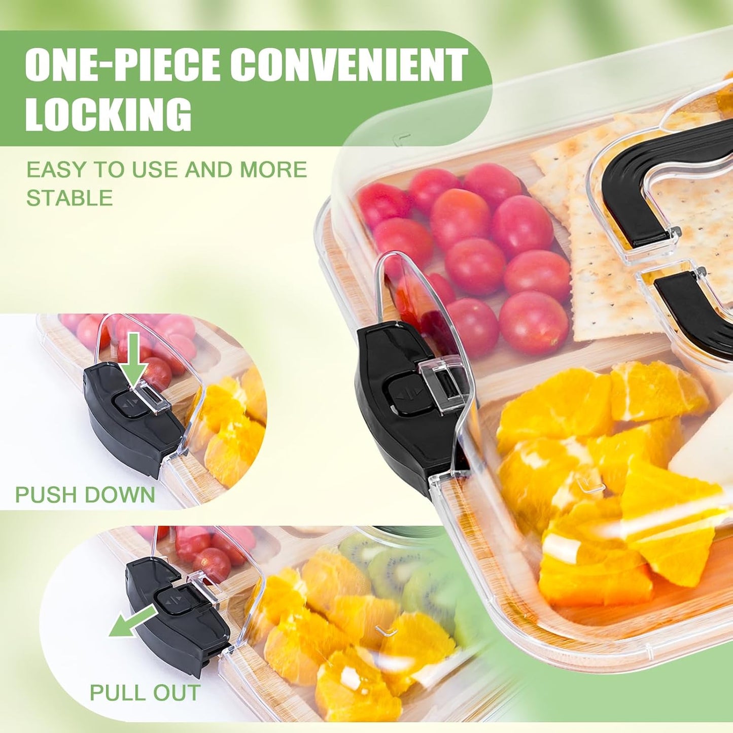 Fruit storage container with locking mechanism and compartments filled with fruits on a green background.