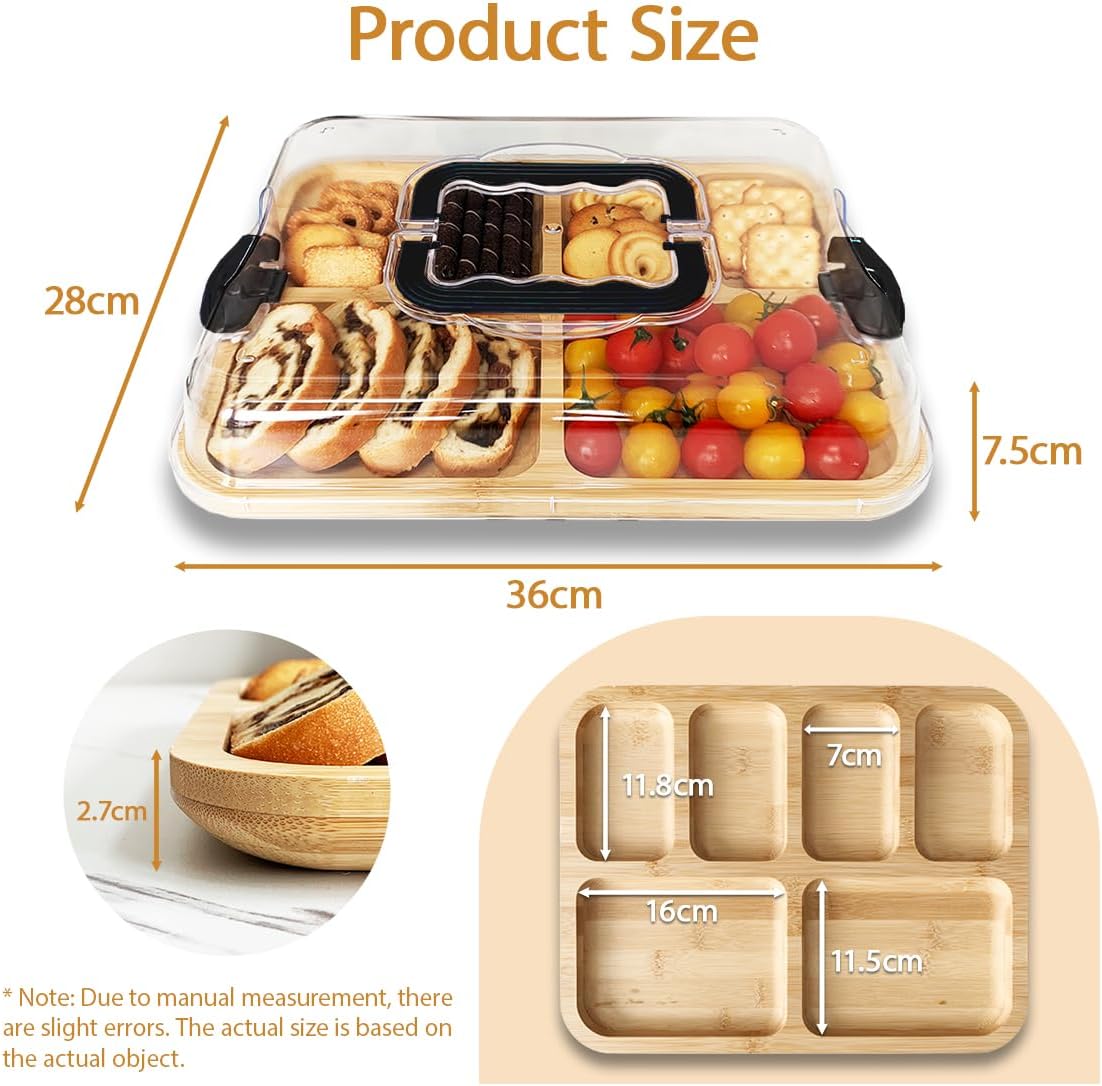 Bamboo lunch box with compartments and measurements on a white background