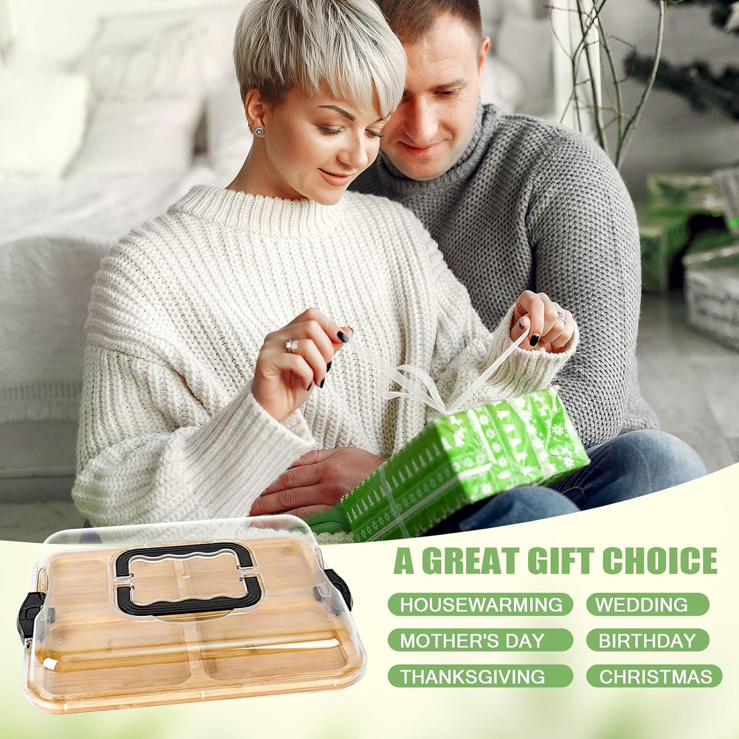 Couple opening a gift together with a wooden box in the foreground, labeled as a great gift choice for various occasions.