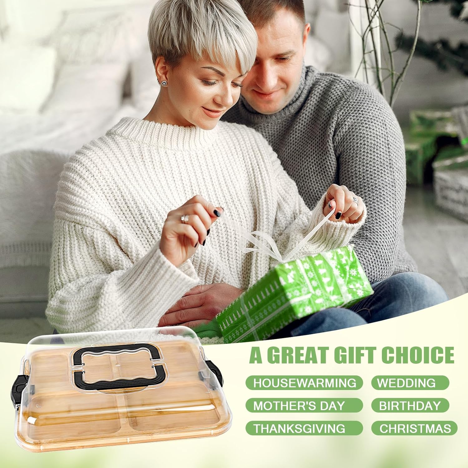 Couple opening a gift together with a wooden box in the foreground, labeled as a great gift choice for various occasions.