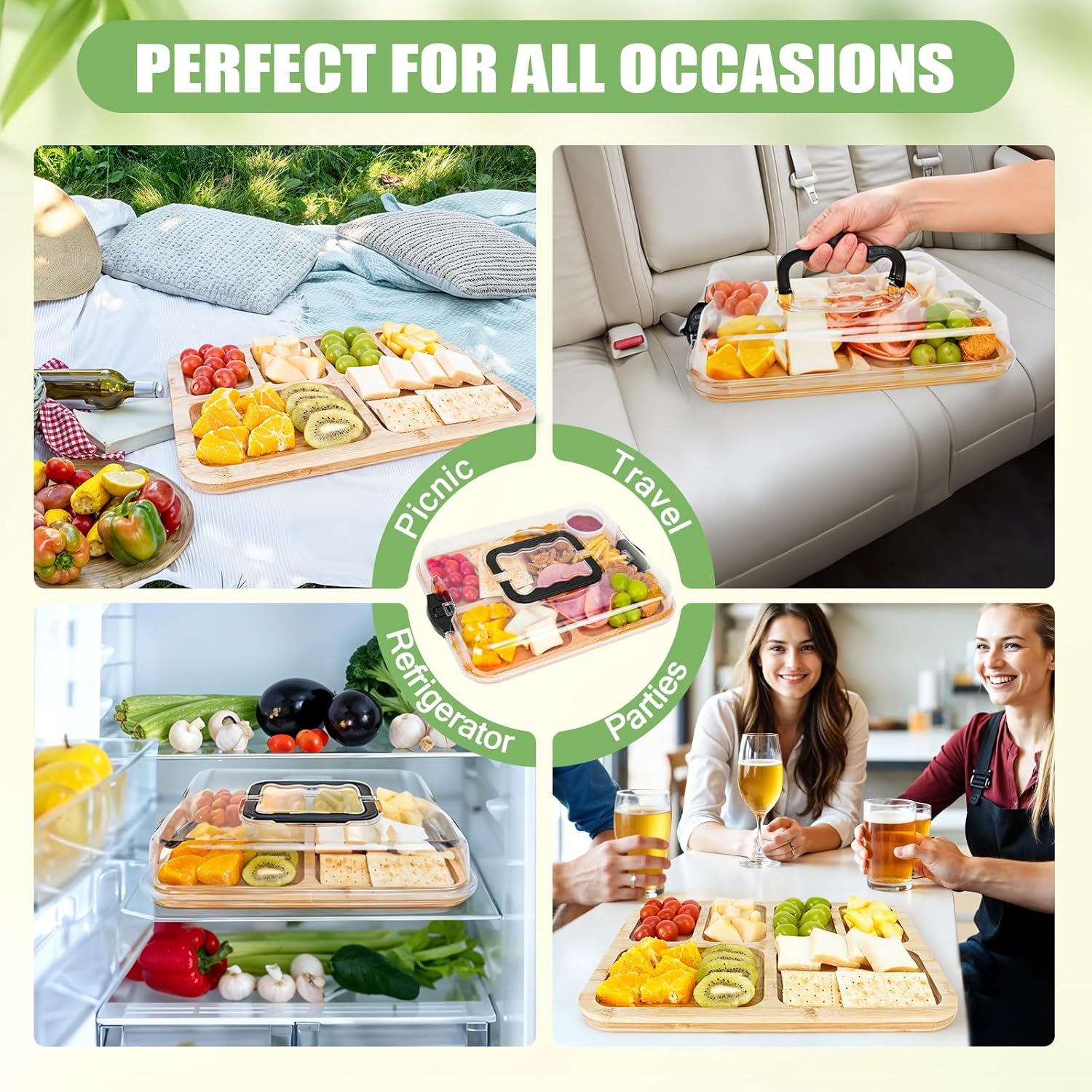 Collage of a wooden picnic tray with food in various settings.