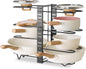 Stackable cookware organizer with pots and pans on a white background