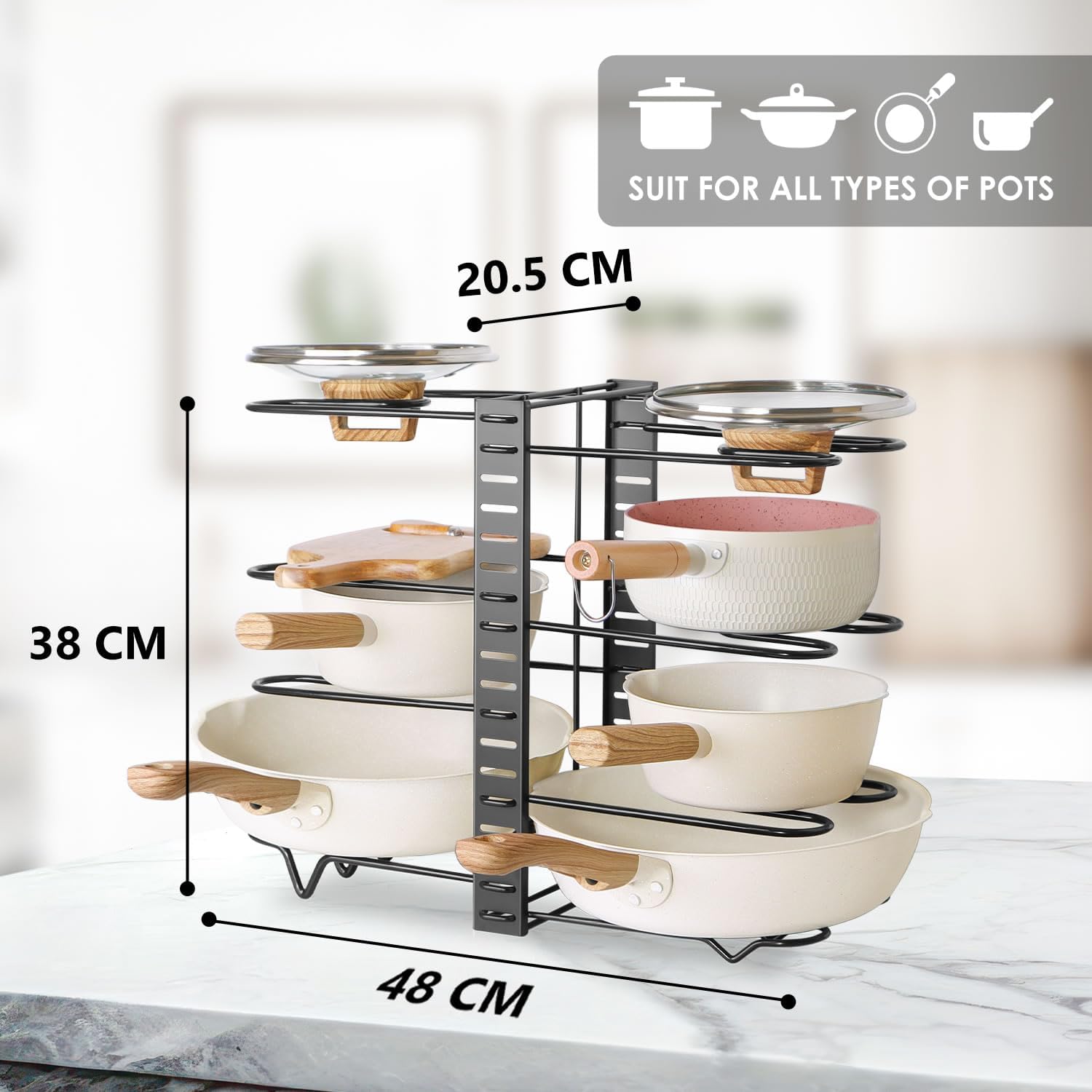 Kitchen pot and pan organizer with pots and pans on a white background