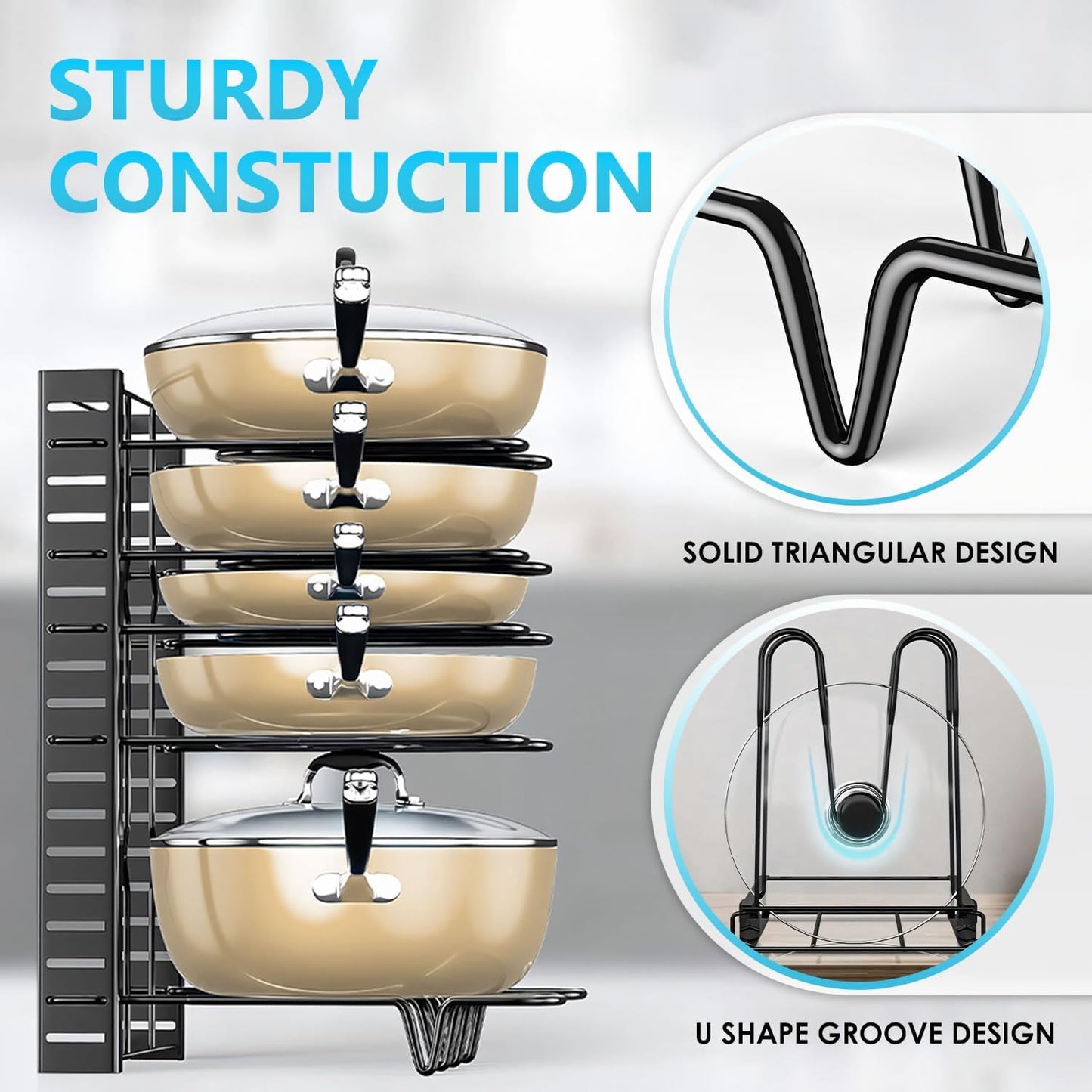 Stackable pot and pan organizer with sturdy construction features highlighted